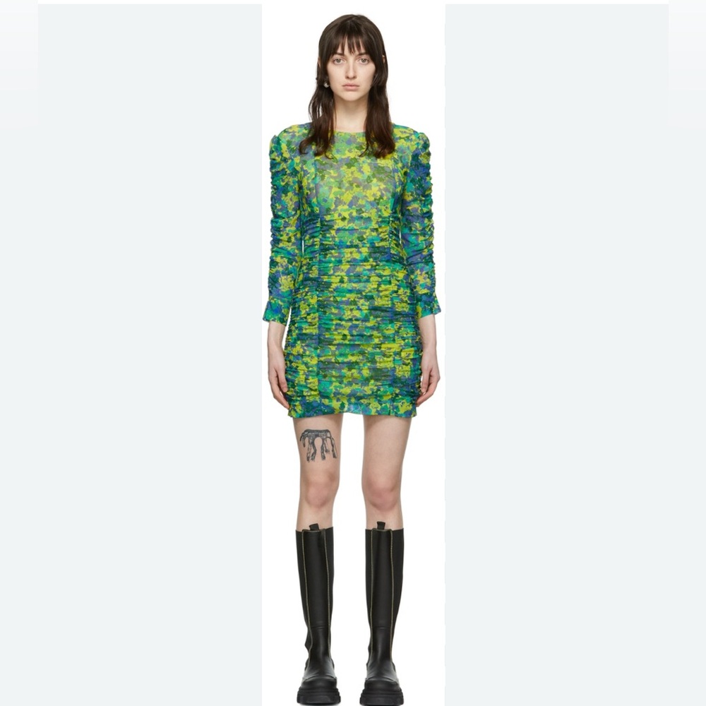 Ganni Green & Blue Long Sleeve Ruched Mini Dress